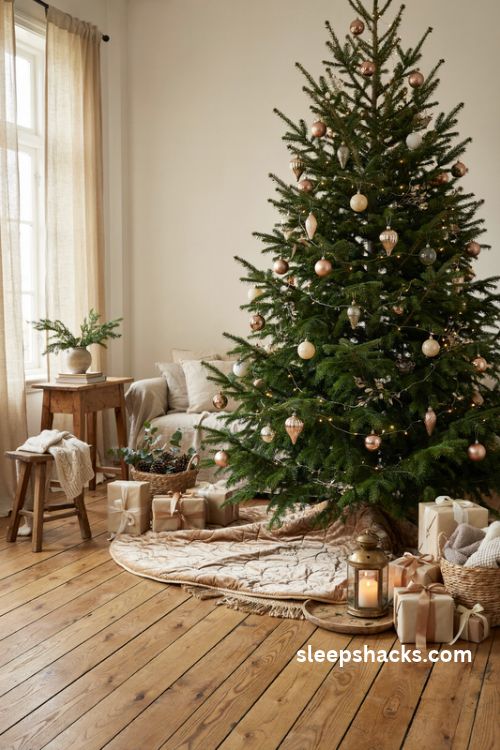 Golden christmas tree skirt styling with velvet fabric wrapped gifts and woven baskets