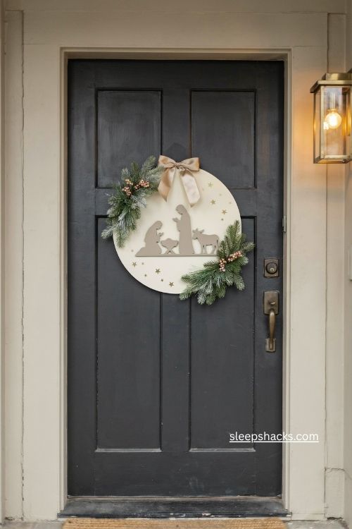 Golden o holy night Christmas door hanger with nativity and winter greenery