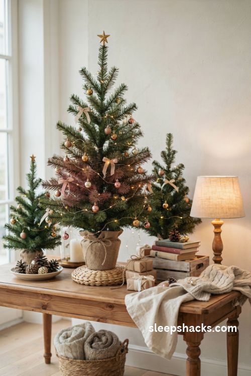 Golden tabletop christmas tree with tiny gold ornaments burlap base and warm lights