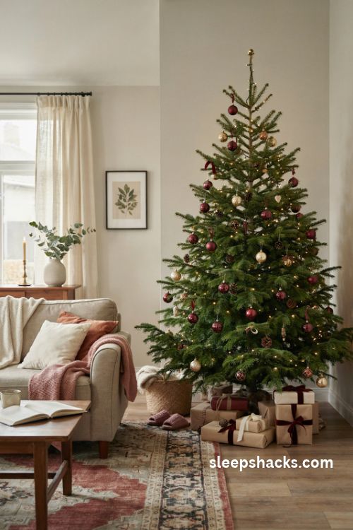 Gorgeous christmas tree with warm white lights coordinated ornaments and timeless cozy living room decor