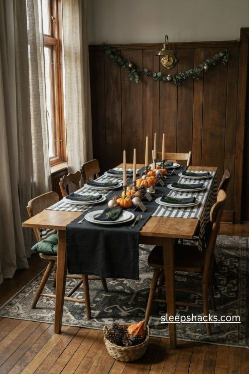 Gothic table setting with black napkins white plates mini pumpkins and silver christmas accents