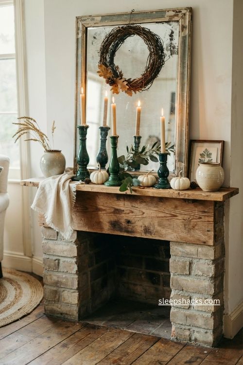 Grapevine wreath over a distressed mirror with green candlesticks and white pumpkins