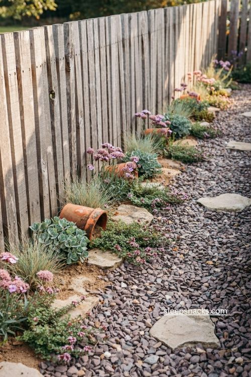 Gravel strip with sedum thyme and dianthus along a narrow fence line