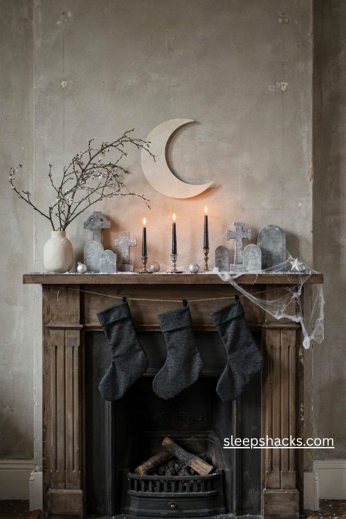 Graveyard mantel scene with miniature tombstones black stockings and a spooky christmas moon