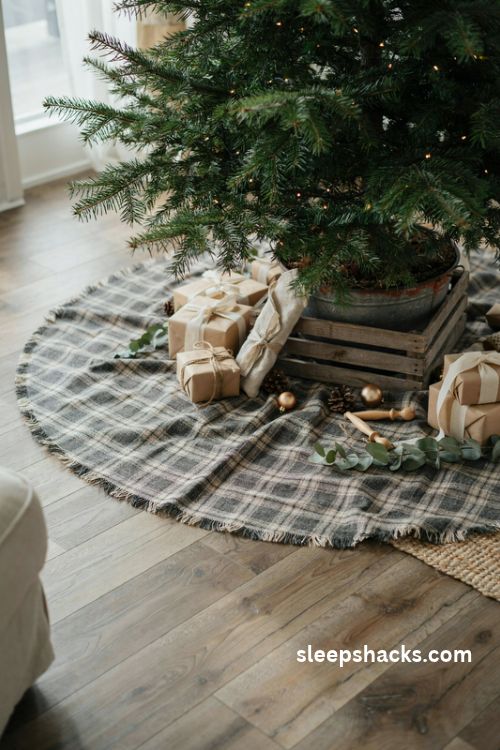 Gray and cream plaid Christmas tree skirt with rustic wooden crate base and cozy farmhouse decor