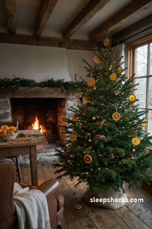 Green Christmas tree decorated with glowing dried orange slices and rustic cinnamon stick ornaments