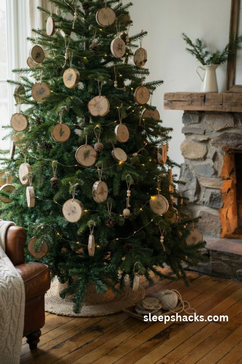 Green Christmas tree decorated with natural birch slice ornaments and rustic jute twine