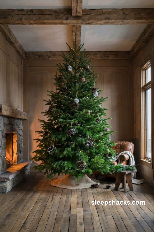 Green Christmas tree decorated with natural pinecone clusters and frosted brown pinecones in a rustic cabin