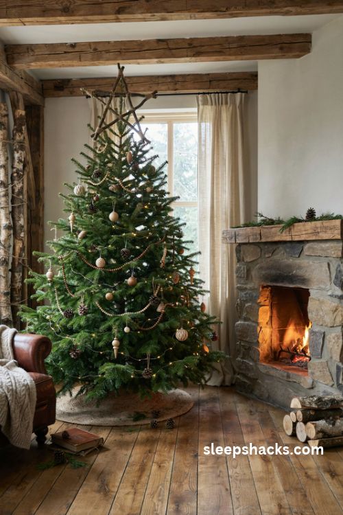 Green Christmas tree with a handmade weathered brown twig star topper in a rustic woodland cabin
