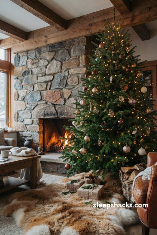 Green Christmas tree with a warm chestnut faux fur tree skirt and kraft paper wrapped gifts