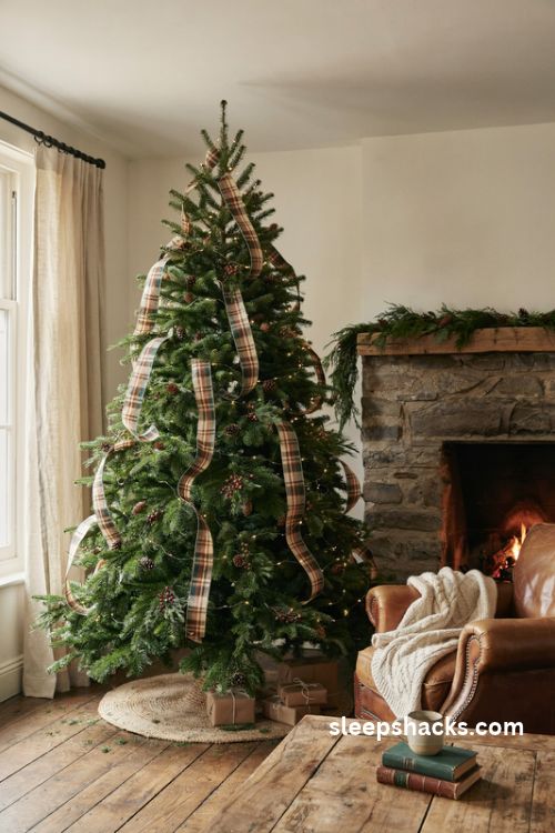 Green Christmas tree with brown cream and forest green plaid ribbon and evergreen picks