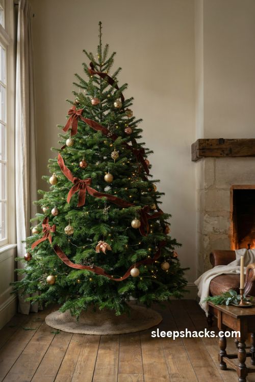 Green Christmas tree with chocolate brown velvet ribbon cascading bows and antique gold ornaments