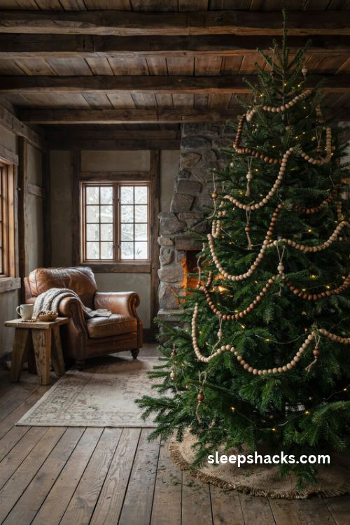 Green Christmas tree with chocolate brown wooden bead garland in loose rustic swags