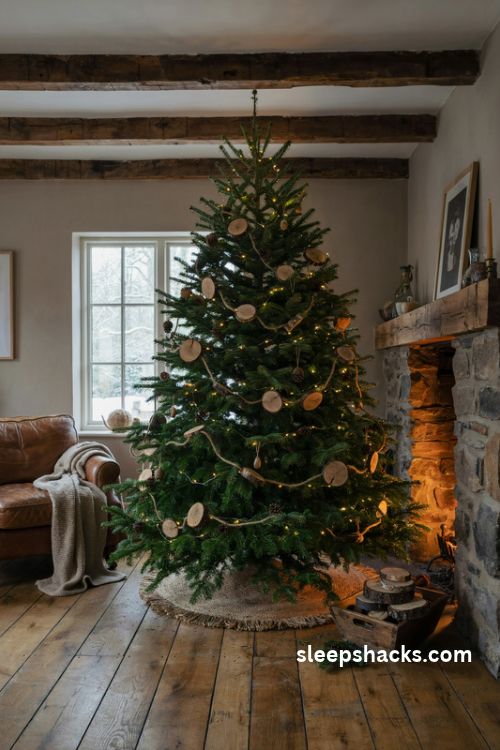 Green Christmas tree with natural wood slice garland and rustic jute twine