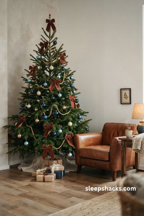 Green Christmas tree with oversized chocolate brown velvet bows and blue glass ornaments