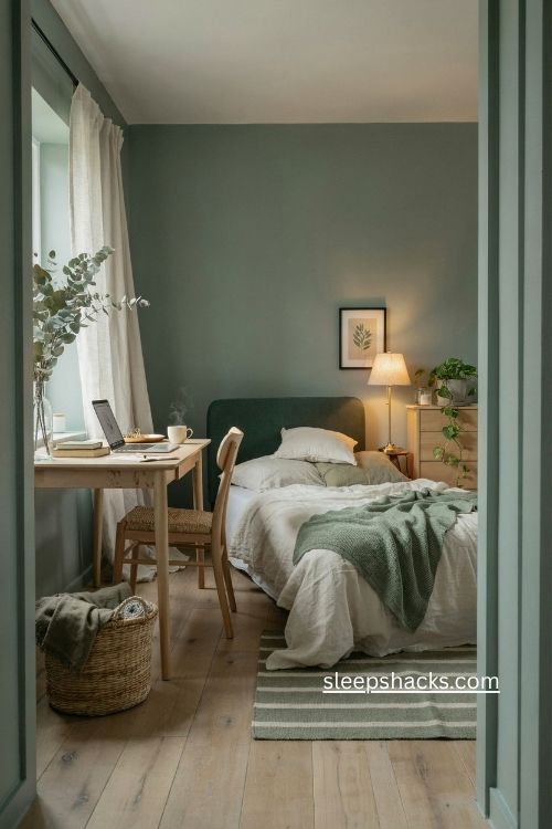 Green Scandinavian bedroom with sage walls and light wood 