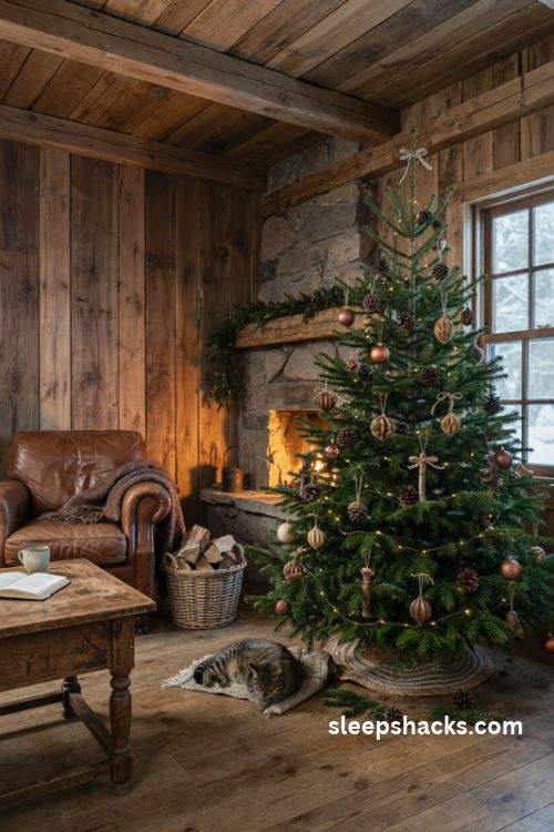 Green and brown Christmas tree with pinecones and rustic woodland ornaments in a cozy forest cabin