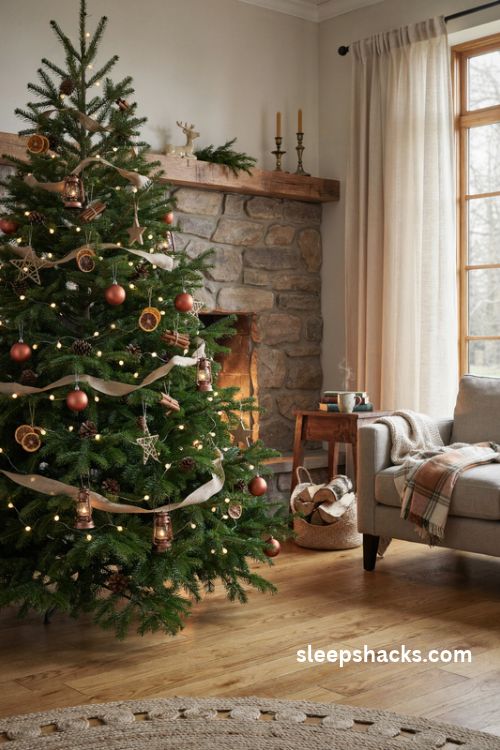 Green and brown christmas tree with warm white lights and mini lanterns