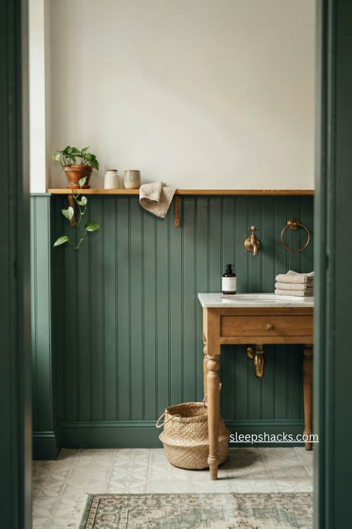 Green bathroom paneling with warm wood vanity brass fixtures and white walls