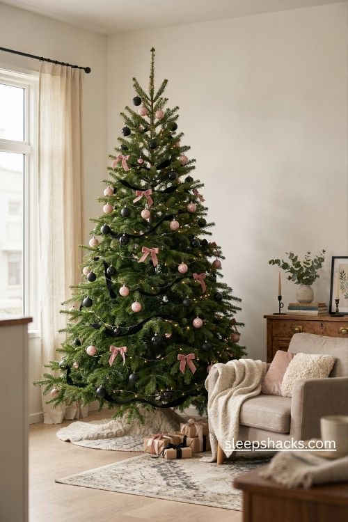 Green christmas tree decorated with matte black ornaments and soft pink velvet bows