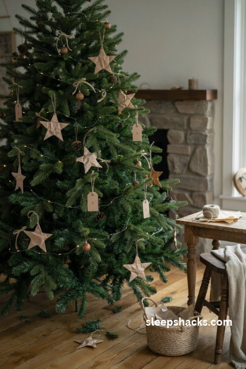 Green christmas tree with handmade kraft paper stars and twine tags