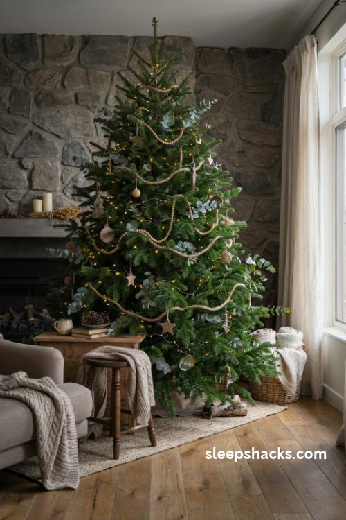 Green christmas tree with jute garland eucalyptus and wooden beads