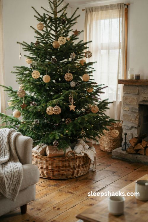 Green christmas tree with rattan bells and natural wicker ornaments