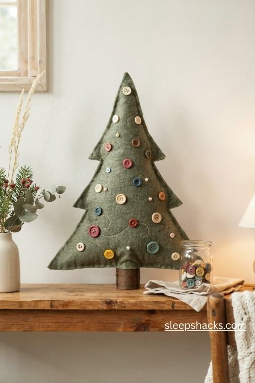 Green felt Christmas tree with colorful vintage button ornaments and embroidered thread garland