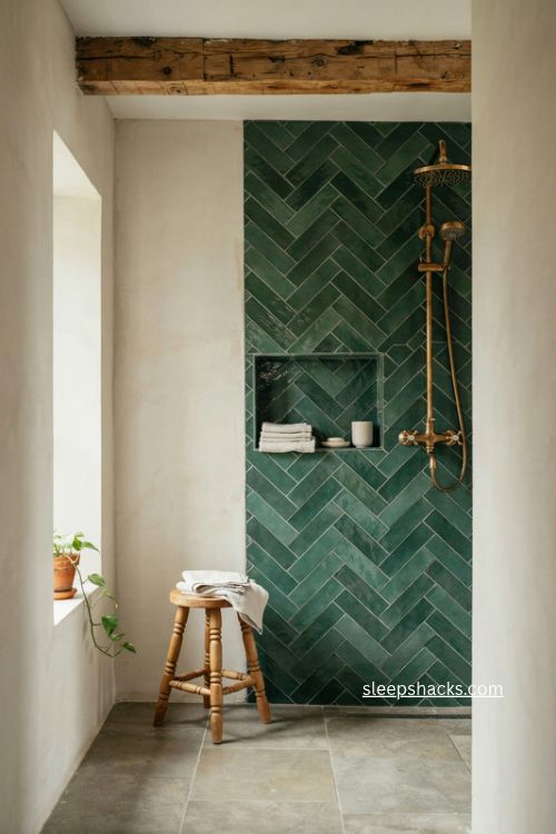 Green herringbone shower with aged brass fixtures and rustic bathroom details