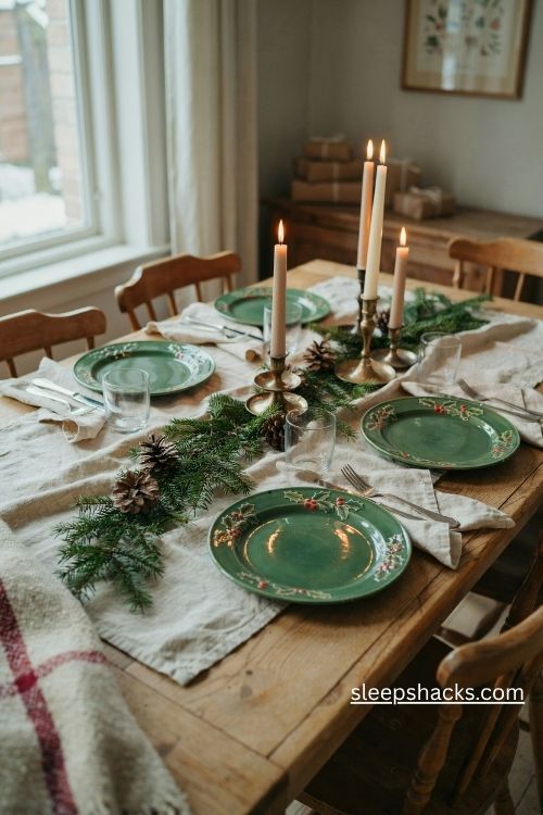 Green holly pattern christmas plates with red berries cream napkins and rustic table decor