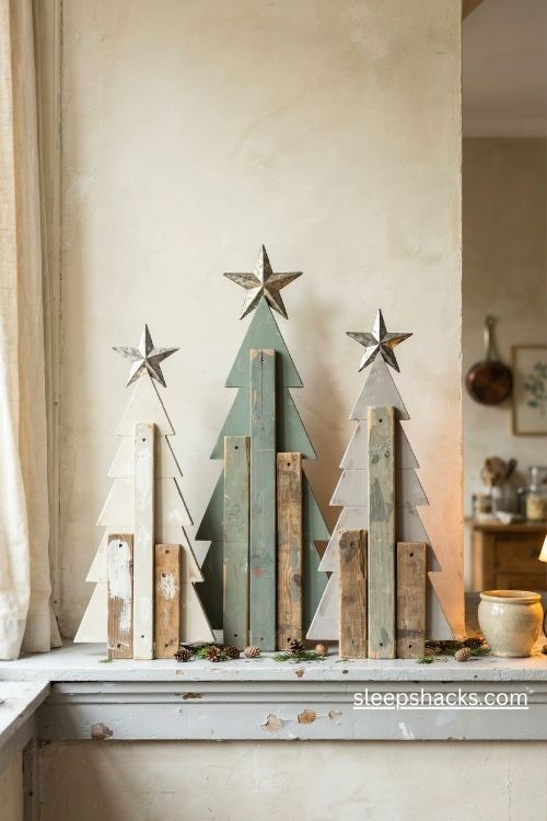 Green milk painted scrap wood christmas trees with whitewashed boards and rustic metal stars 