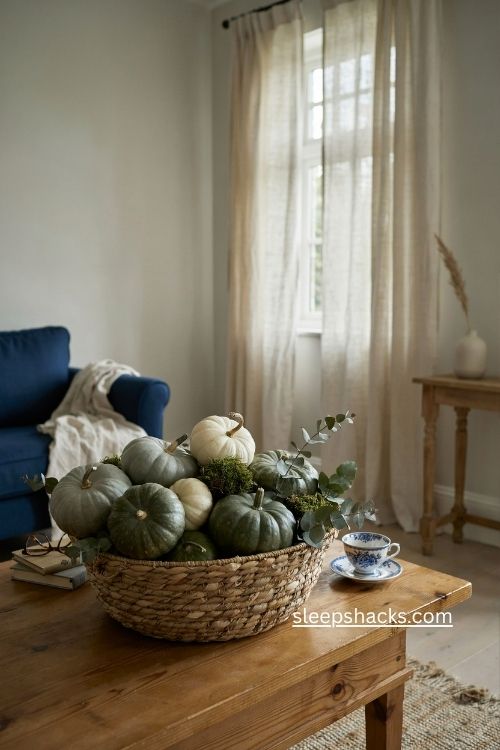 Green pumpkins and moss with blue and white fall living room decor