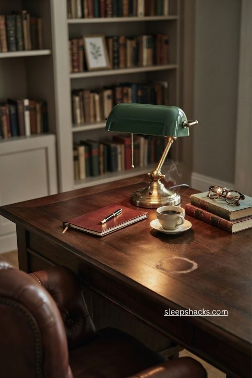 Green shaded metal desk lamp for a vintage masculine office