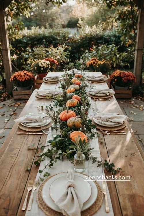 Greenery clipped from the yard on an outdoor thanksgiving table with pumpkins and mums