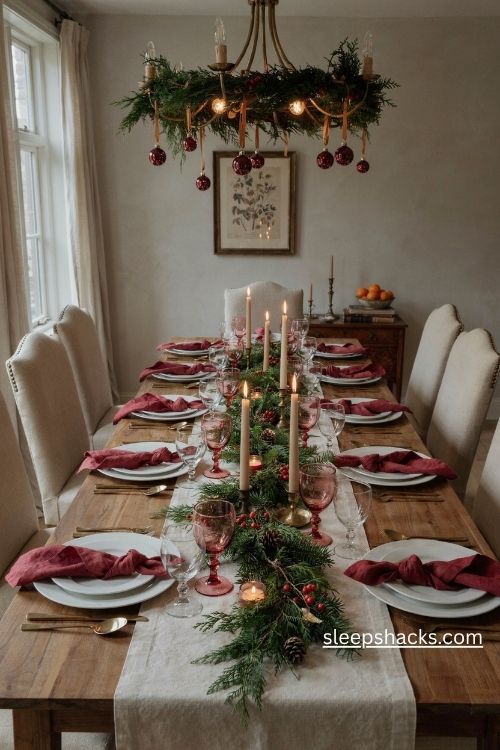 Greenery draped chandelier with red ornaments and gold ribbons above a christmas table