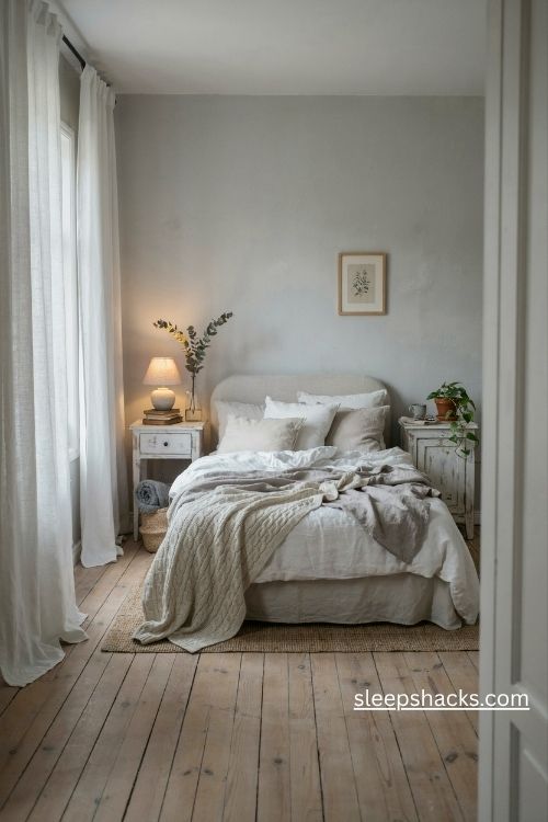 Grey and white bedroom ideas with cozy layered bedding and warm natural textures