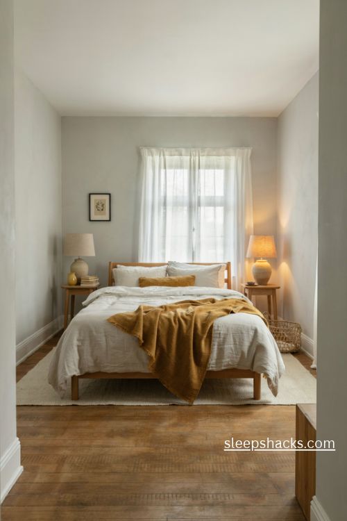 Grey and white bedroom with a chunky mustard yellow throw and warm ochre accents