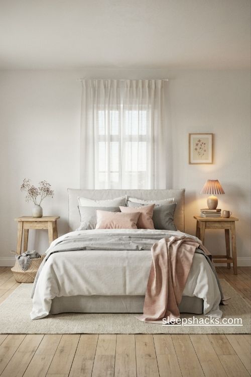 Grey and white bedroom with soft blush pink pillows and romantic accents
