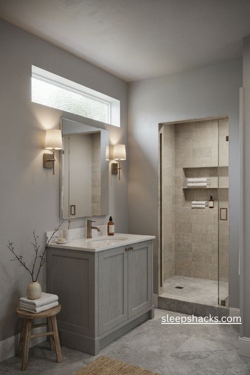 Grey bathroom ideas with warm greige tiles brass fixtures and natural wood accents 