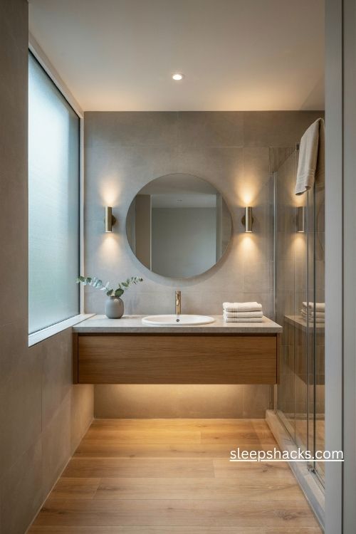 Grey bathroom layered lighting with warm wall sconces and under vanity led lights