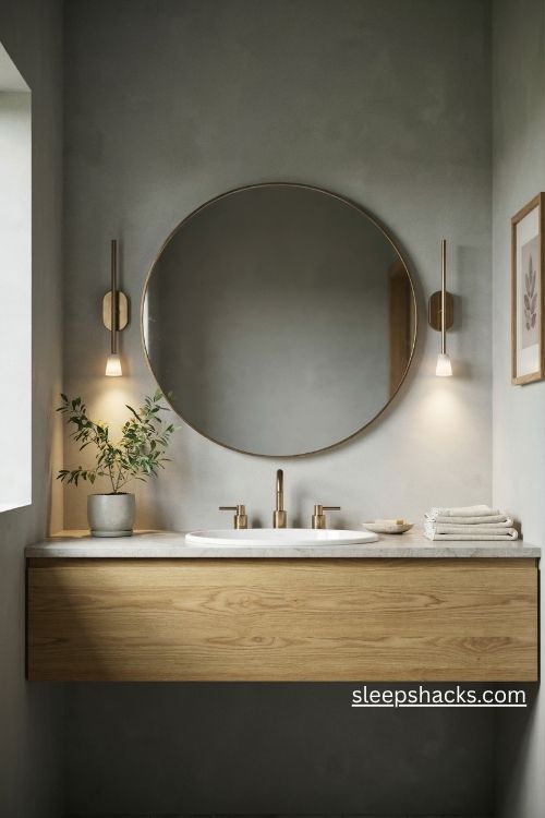 Grey bathroom with a large round brass mirror and soft botanical wall art 