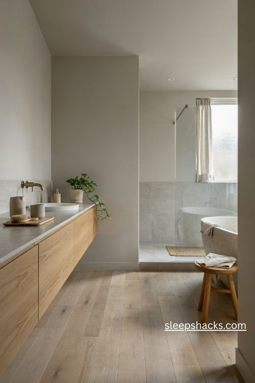 Grey bathroom with a warm oak vanity teak shower mat and natural wood accents