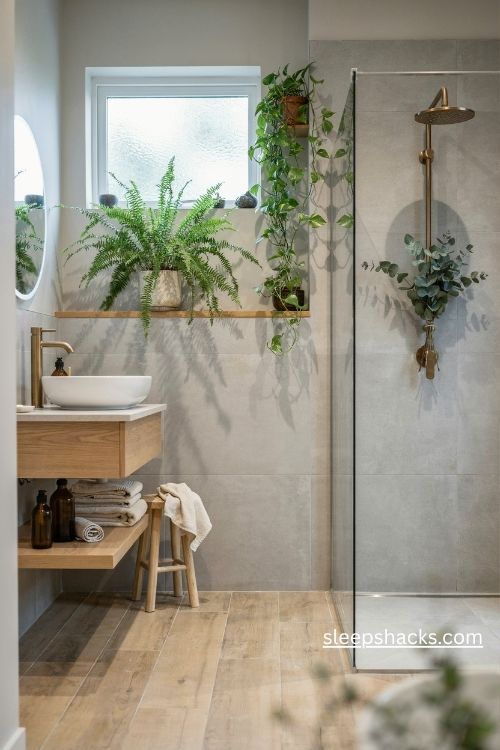 Grey bathroom with fresh green plants fern pothos and eucalyptus for a spa like feel 