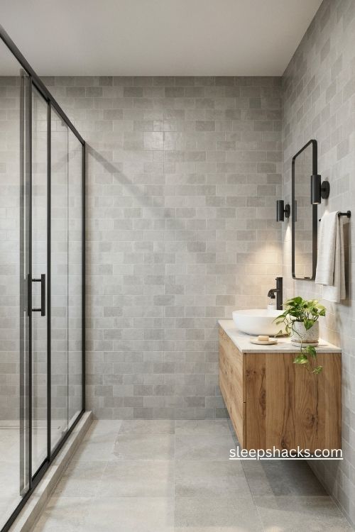 Grey bathroom with matte black fixtures black framed mirror and light grey tiles 