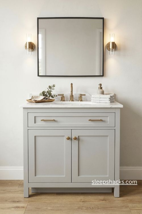 Grey painted bathroom vanity with shaker cabinets brass hardware and a white marble countertop