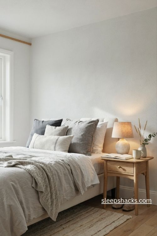 Grey velvet cushions in slate and silver on a white bedroom bed