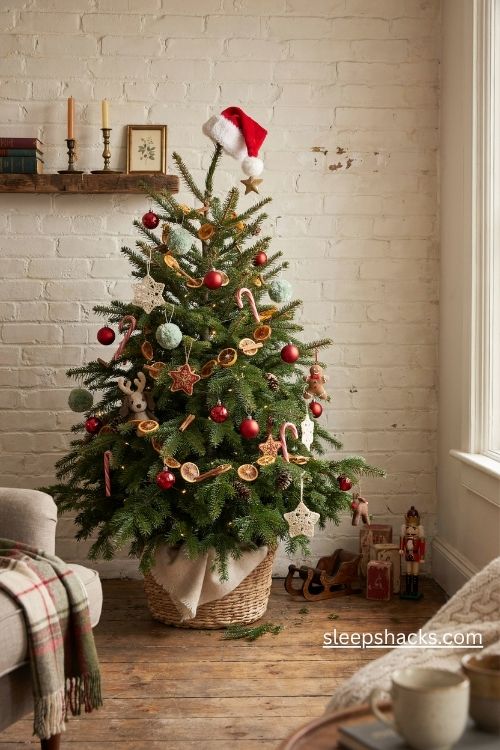 Grinch green christmas tree with red ornaments candy canes and a crooked star