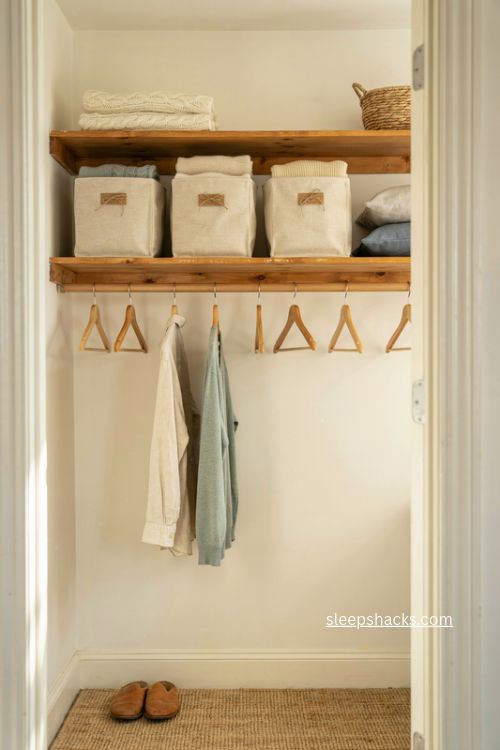 Guest room closet storage ideas with empty space matching hangers and baskets