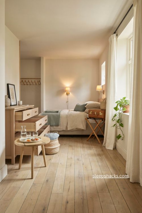 Guest room ideas with empty drawers open closet space and luggage rack