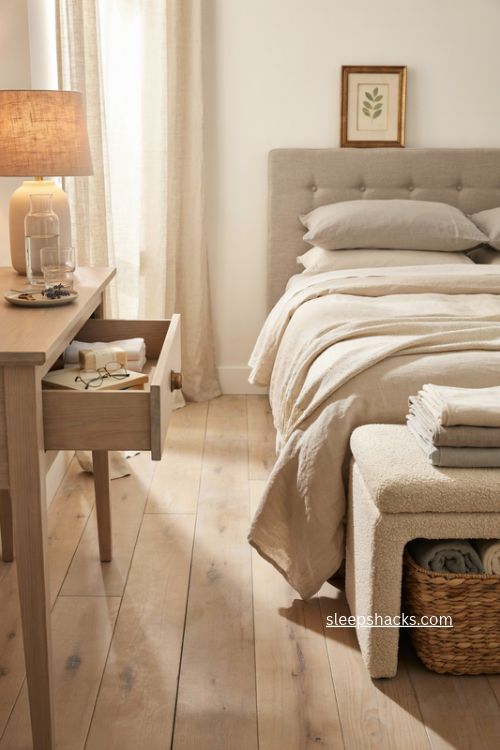 Guest room storage ottoman and drawered nightstand ideas for small spaces